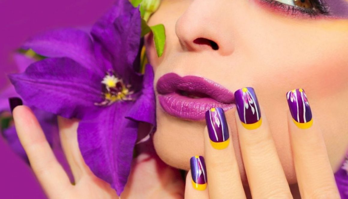 young model woman wearing violet nail printers