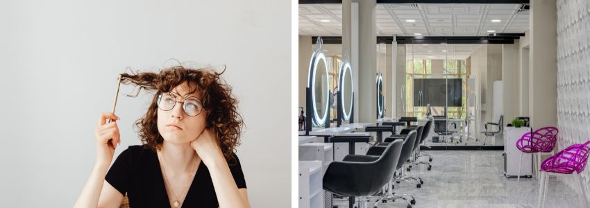 a curly woman in black at the left thinking and a beautiful view of the salon on the right