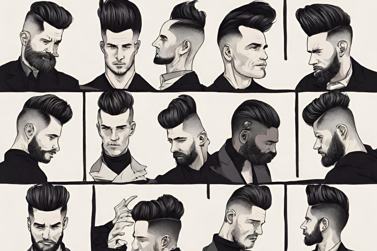 A pompadour hairstyle is a classic, always popular men's haircut. It involves combing the hair upwards and back, creating a high and voluminous "pomp' on top.