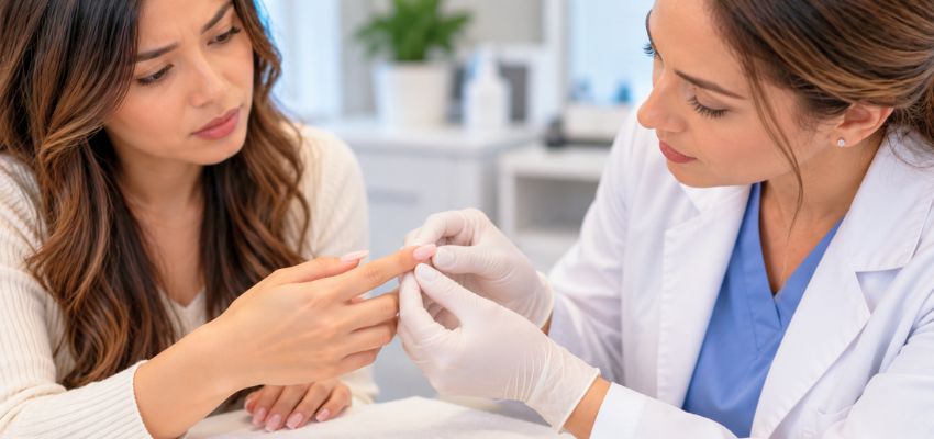 Nail technician carefully examining a client’s nails to diagnose why do my acrylic nails hurt.