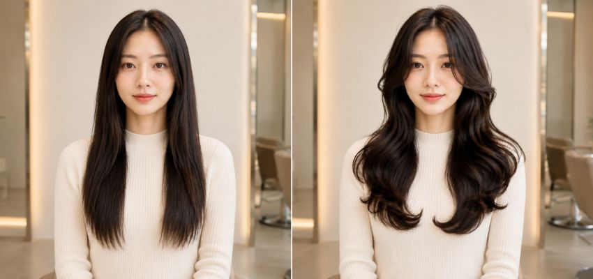 Before-and-after comparison showing straight hair transformed by a korean perm into soft waves.