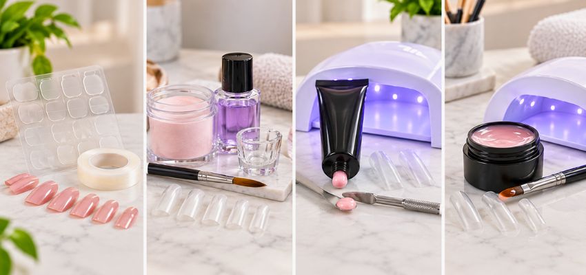 Side-by-side product displays illustrating what can i use instead of nail glue for different nail styles.