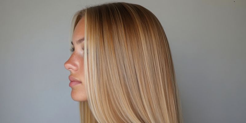 blonde-highlights2 Side view of sleek straight hair with warm blonde highlights creating a sun-kissed look.