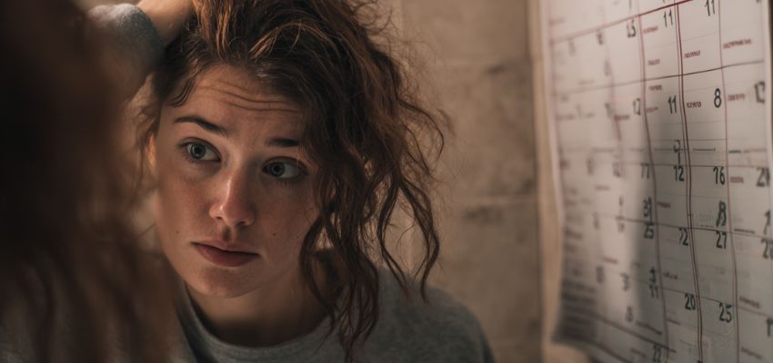 Close-up of a woman with visibly distressed, frizzy, and uneven curly hair, touching her strands with a worried expression while standing in front of a wall calendar, illustrating the potential aftermath when asking 'does color remover damage hair' after an at-home attempt