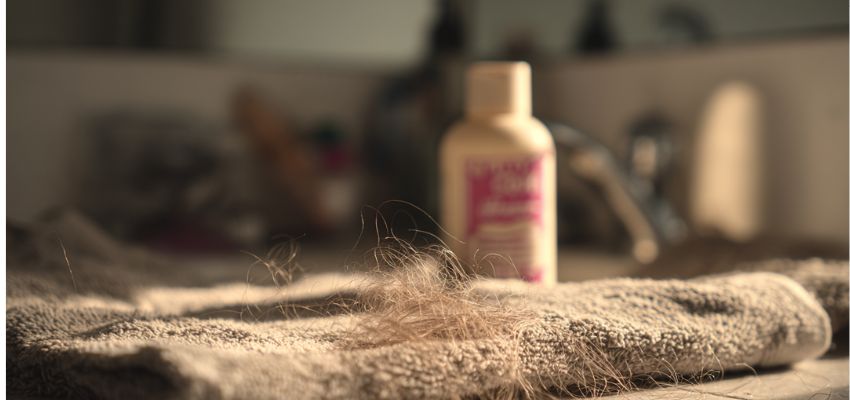 Fallen hair strands on a towel beside a used shampoo bottle, highlighting potential signs that expired shampoo may affect hair health when considering how long does shampoo last