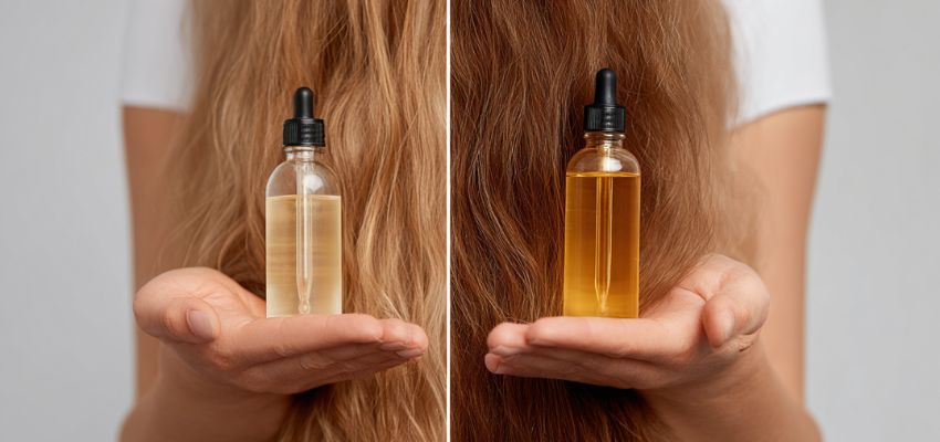 Two photos show a person holding a bottle of hair oil and hair serum.