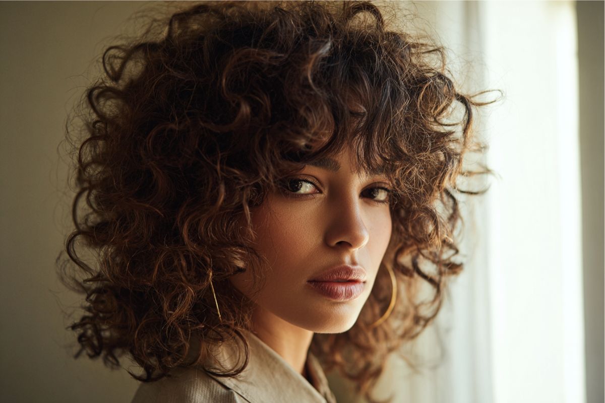Curtain bangs on curly hair featuring defined brown curls and face-framing layers