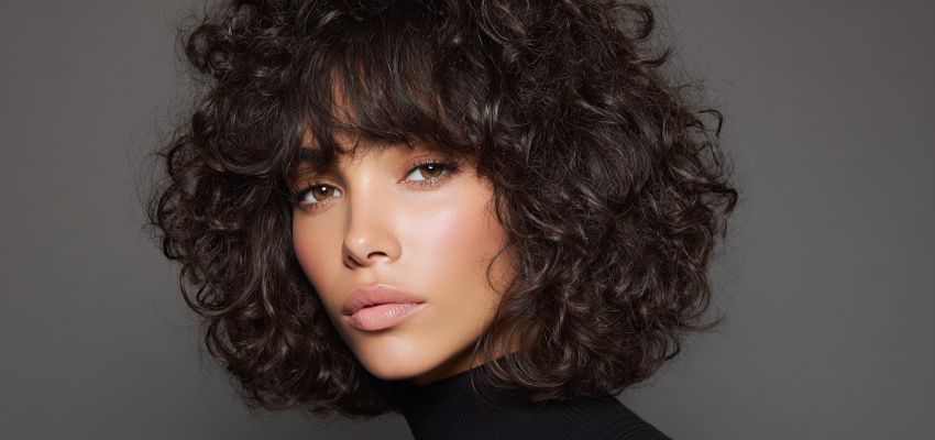 Curtain bangs on curly hair styled in a voluminous dark curly bob