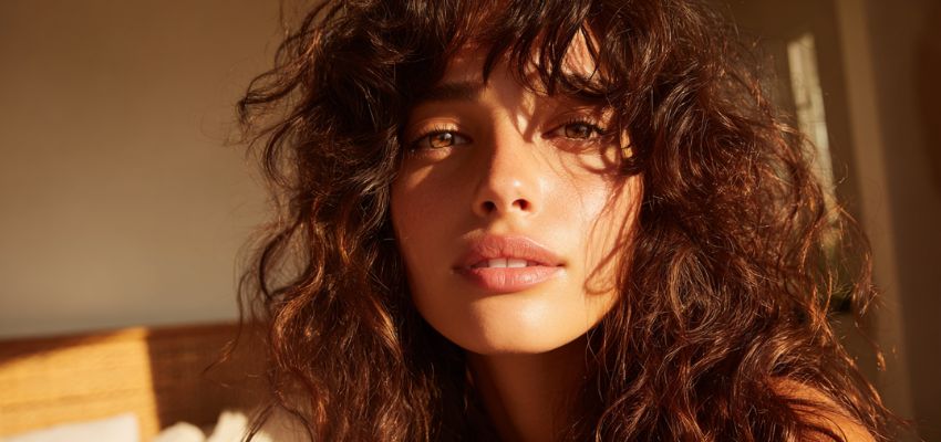 Curtain bangs on curly hair with soft, sunlit brown curls framing the face