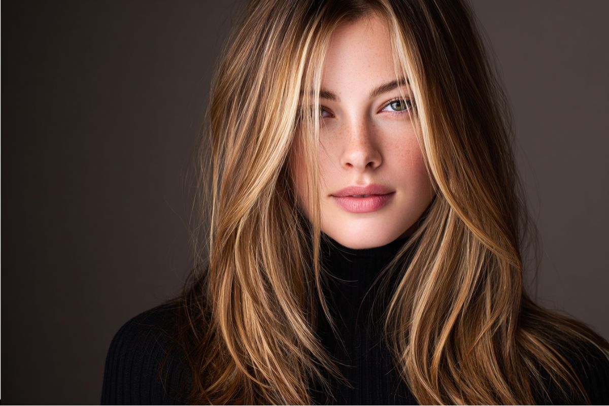 The woman looks beautiful in a modern chunky highlights hairstyle.