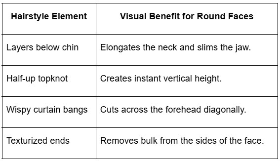 Helpful chart showing best hairstyle elements like layers, topknots, and curtain bangs for round faces, ideal for finding a hairstyle for round face to look slim