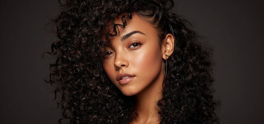 Stunning portrait of a woman with voluminous curly hair styled to add height and definition, a great example of a hairstyle for round face to look slim.