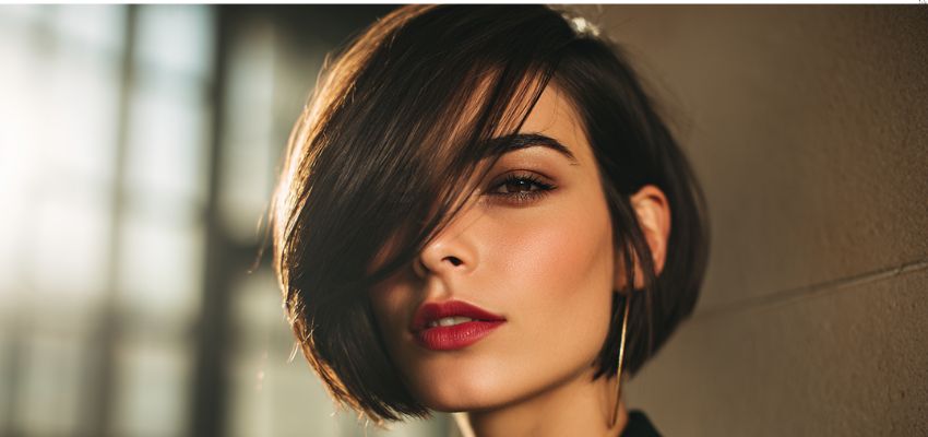 Beautiful woman rocking a sleek angled bob with side-swept bangs, showcasing a chic hairstyle for round face to look slim.