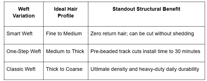 Informative table comparing different weft types and benefits, answering what are weft hair extensions