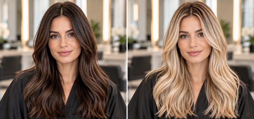 Before-and-after showing dark hair lightened to blonde, illustrating what does peroxide do to your hair.