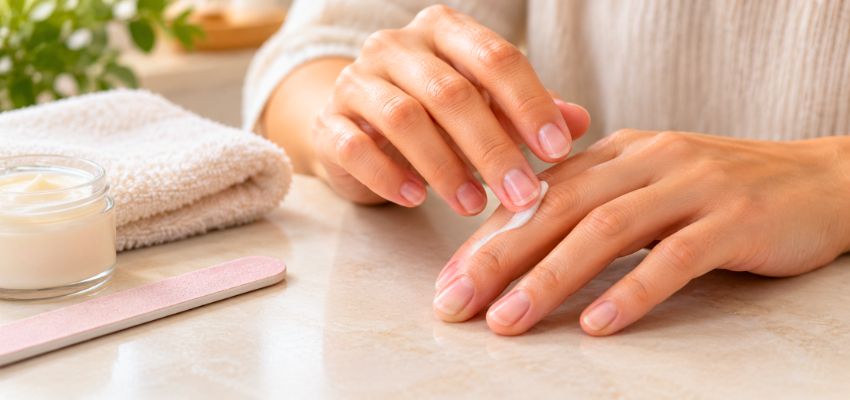 Applying moisturizer after filing nails to keep hands soft and healthy.