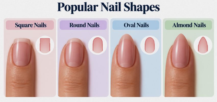 Popular nail shapes to aim for when filing nails, including square, round, oval, and almond.