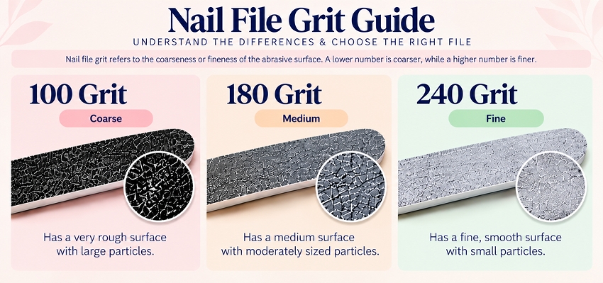 Nail file grit guide showing coarse to fine options for proper filing nails technique.